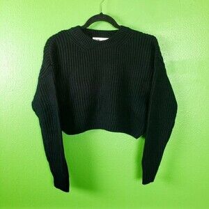 Women's Elodie Heavy Knit Black Crop Long Comfy Sleeve Sweater Size Sm